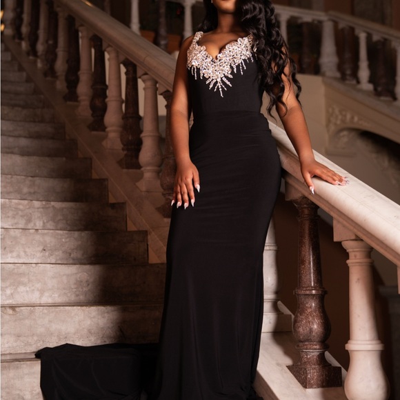 Formal Black Dress with Embellished Neckline